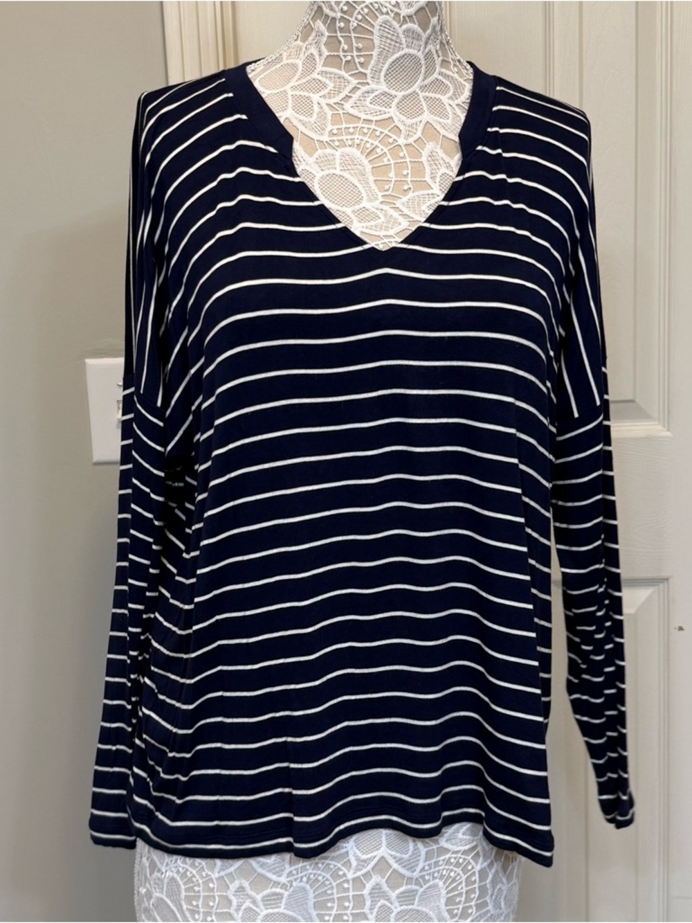 CAbi Navy Blue White #5556 Striped Ahoy Long Sleeve T-Shirt